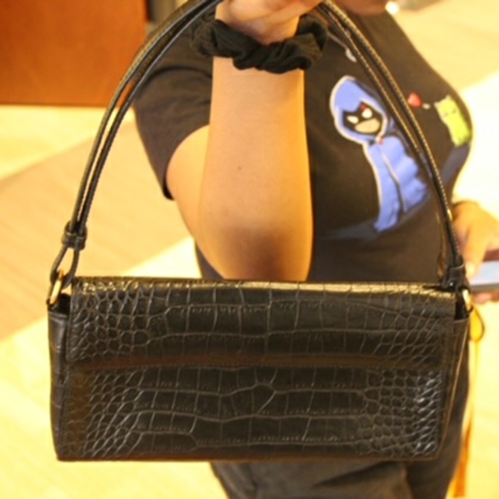 Black Croc Print Shoulder Bag